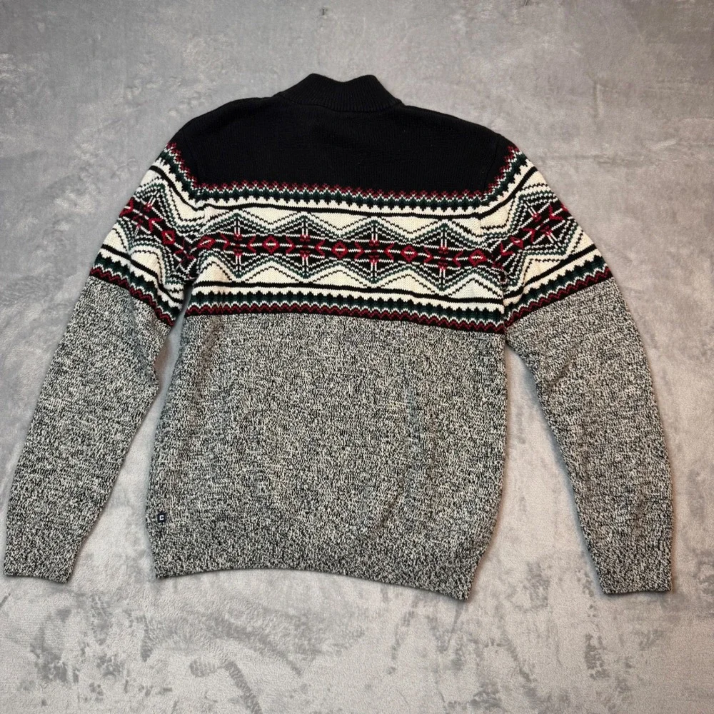 Chaps Sweater Mens Large Black Gray Fair Isle Mock Neck Button Pullover Knit